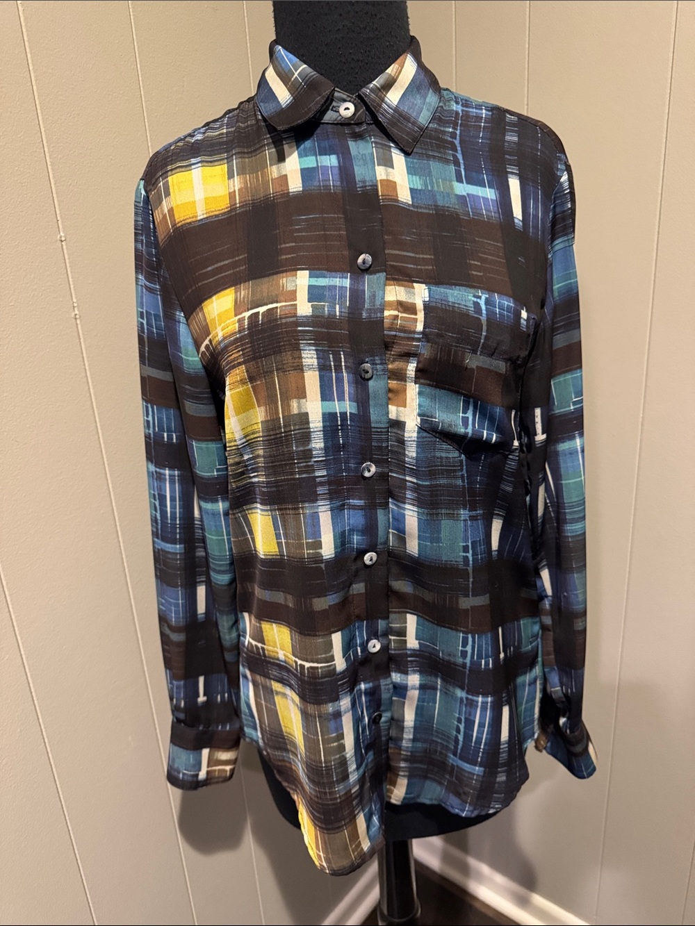 Trina Turk Silky Black Plaid Button-Down Shirt with Blue & Yellow Accents. Sz P